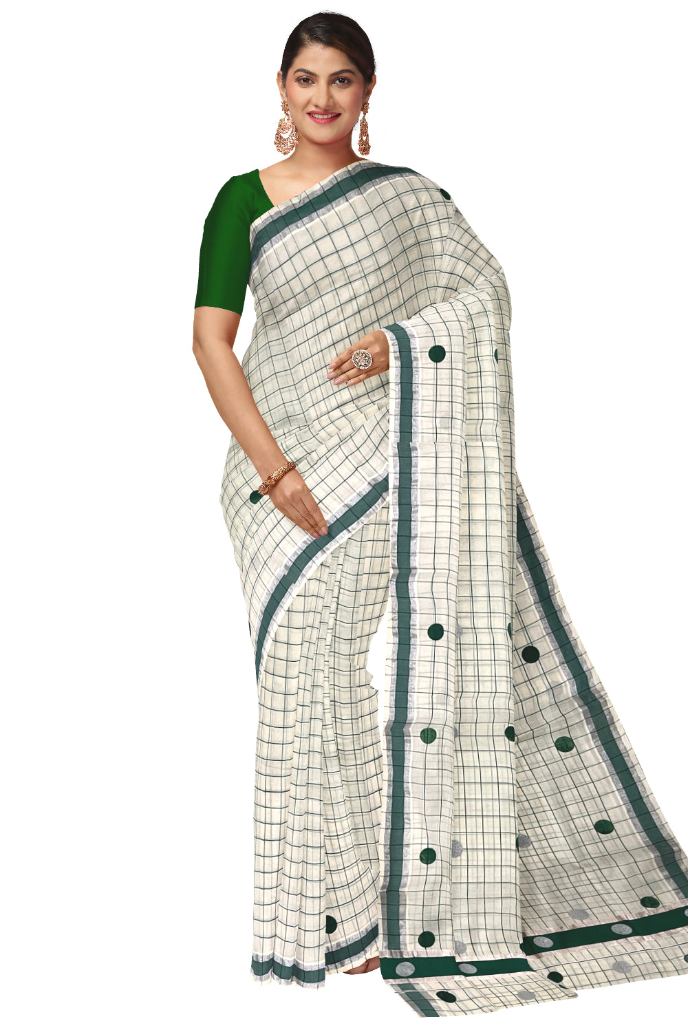 Kerala Pure Cotton Check Designs Saree with Silver and Green Polka Prints