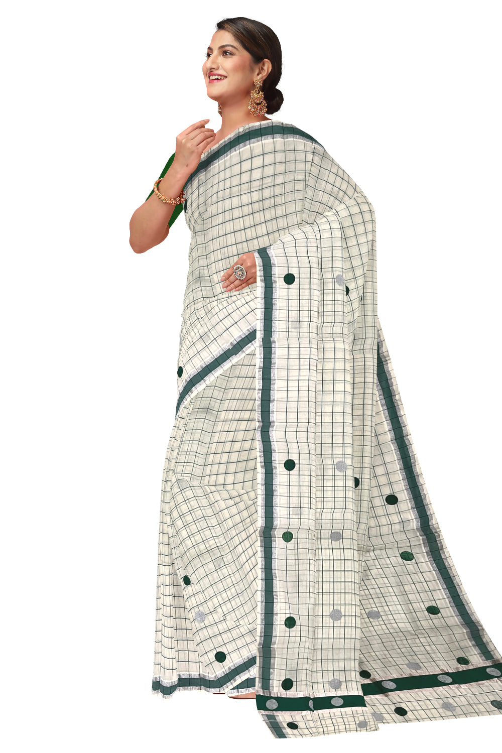 Kerala Pure Cotton Check Designs Saree with Silver and Green Polka Prints