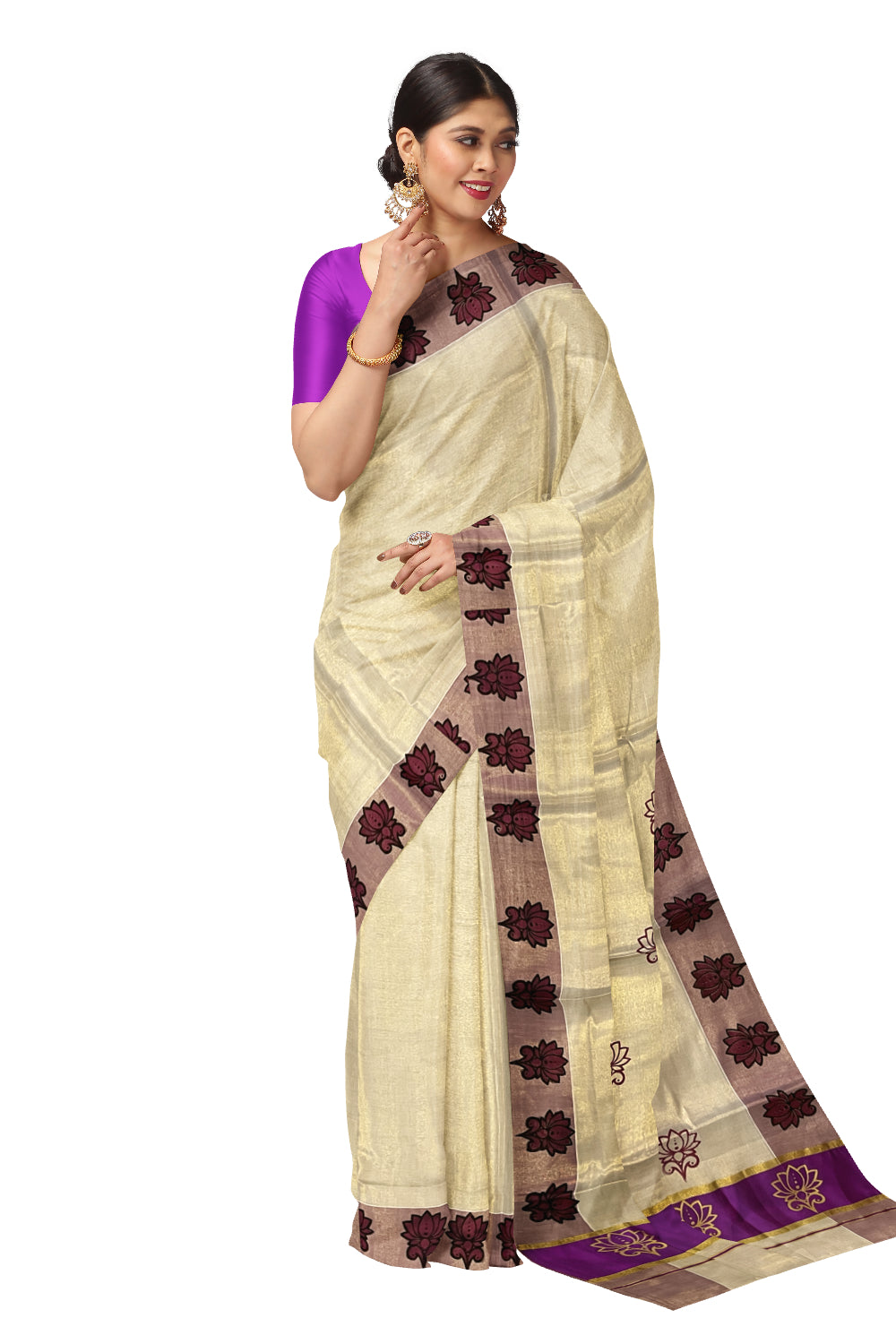 Kerala Tissue Kasavu Saree with Magenta and Golden Block Prints and Magenta Border