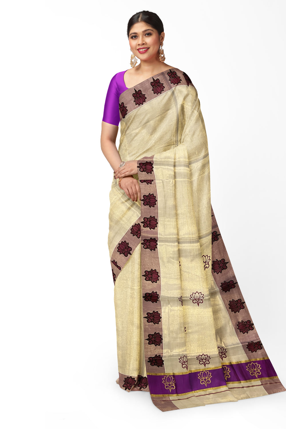 Kerala Tissue Kasavu Saree with Magenta and Golden Block Prints and Magenta Border