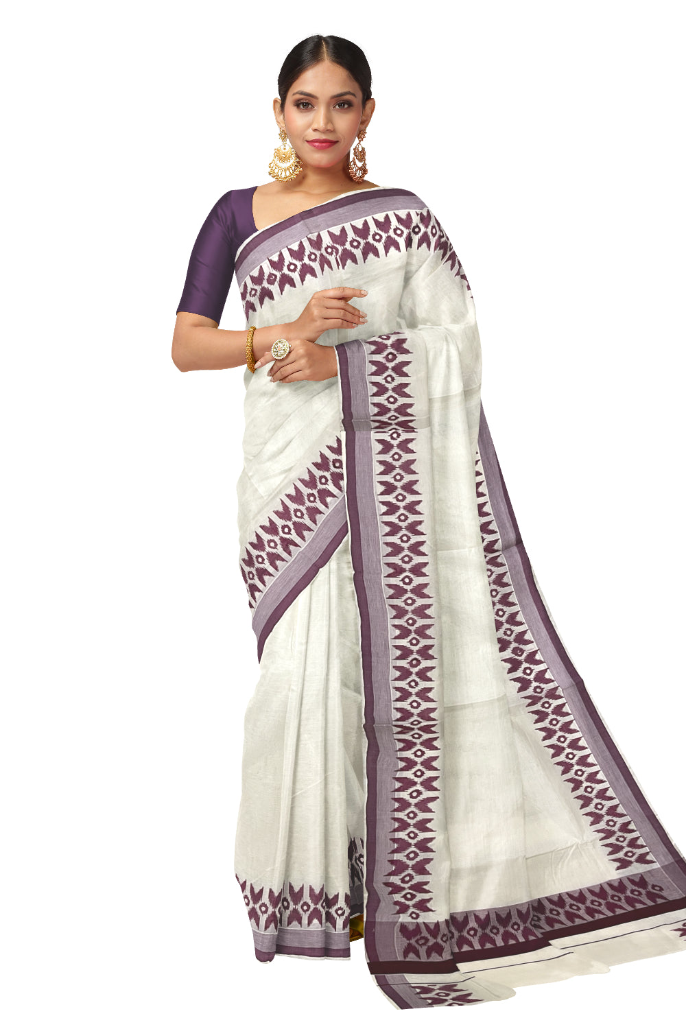 Pure Cotton Kerala Saree with Purple Block Printed Border