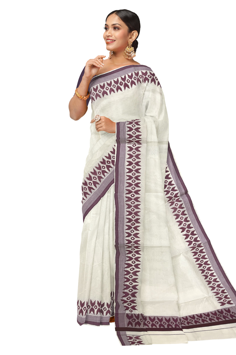 Pure Cotton Kerala Saree with Purple Block Printed Border