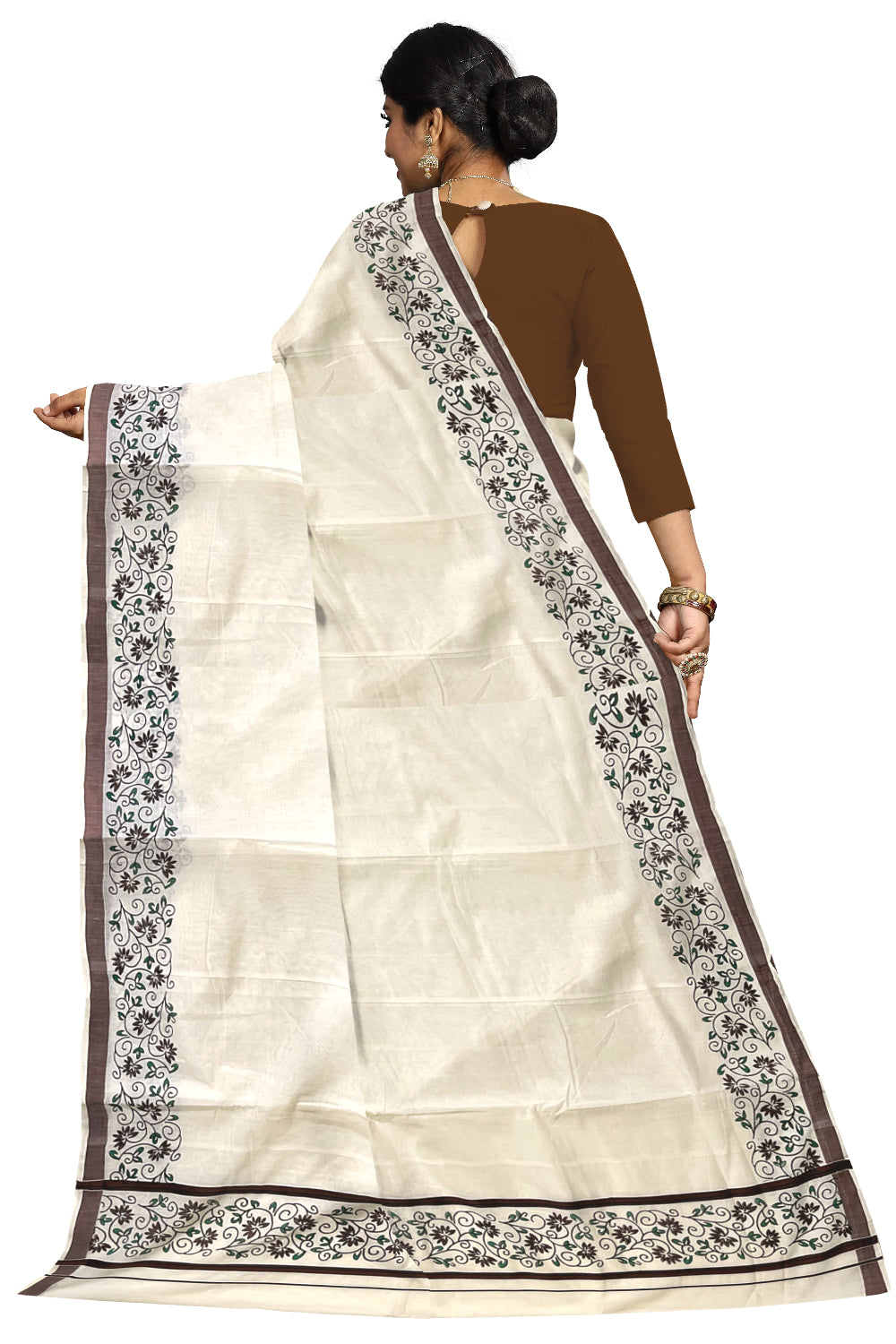 Pure Cotton Kerala Saree with Floral Block Prints and Brown Border