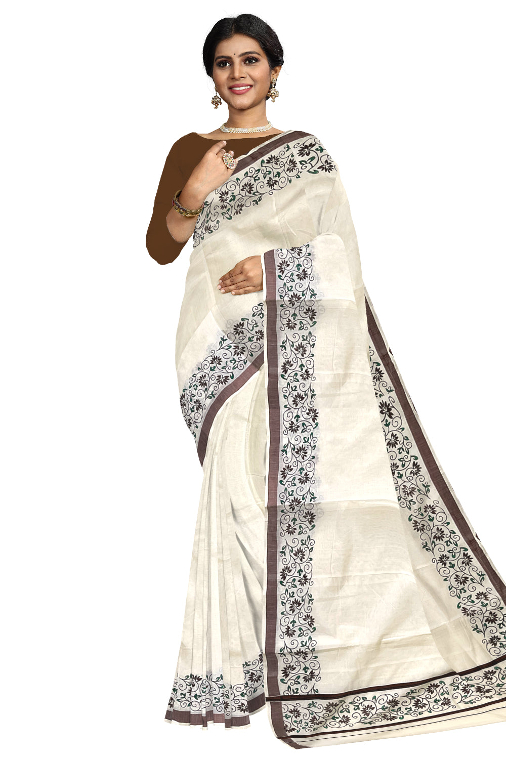 Pure Cotton Kerala Saree with Floral Block Prints and Brown Border