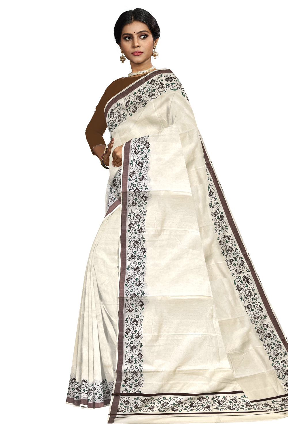 Pure Cotton Kerala Saree with Floral Block Prints and Brown Border