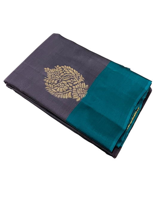 Southloom Pure Handloom Kanchipuram Silk Saree with Butta Work (Grey & Blue)