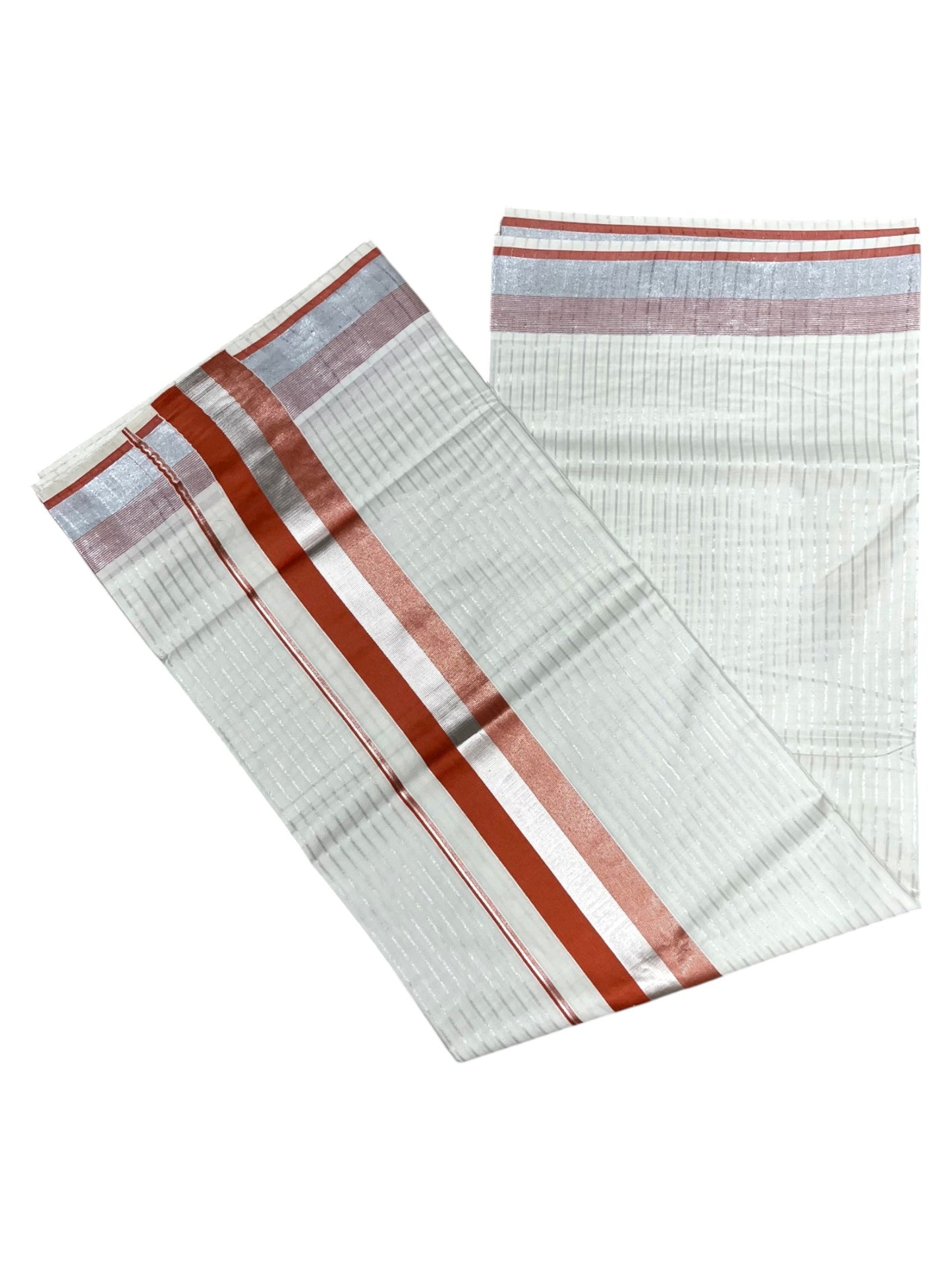 Southloom Pure Cotton Kerala Saree with Silver Kasavu Lines Across Body and Orange Border