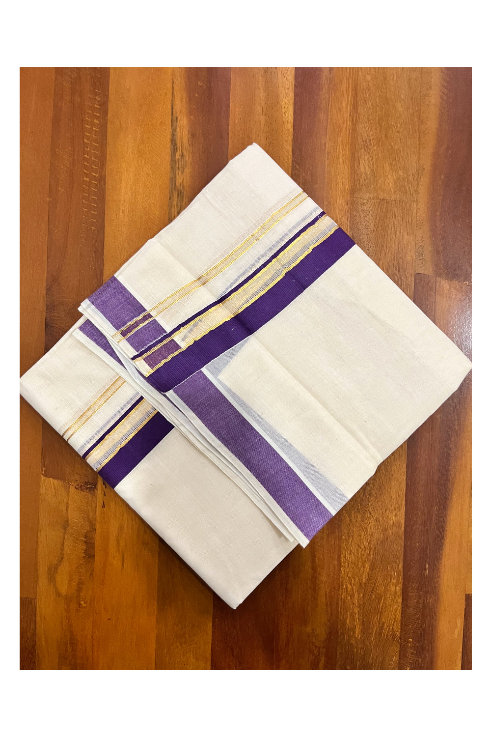 Kerala Pure Cotton Double Mundu with Violet and Kasavu Border (South Indian Kerala Dhoti)