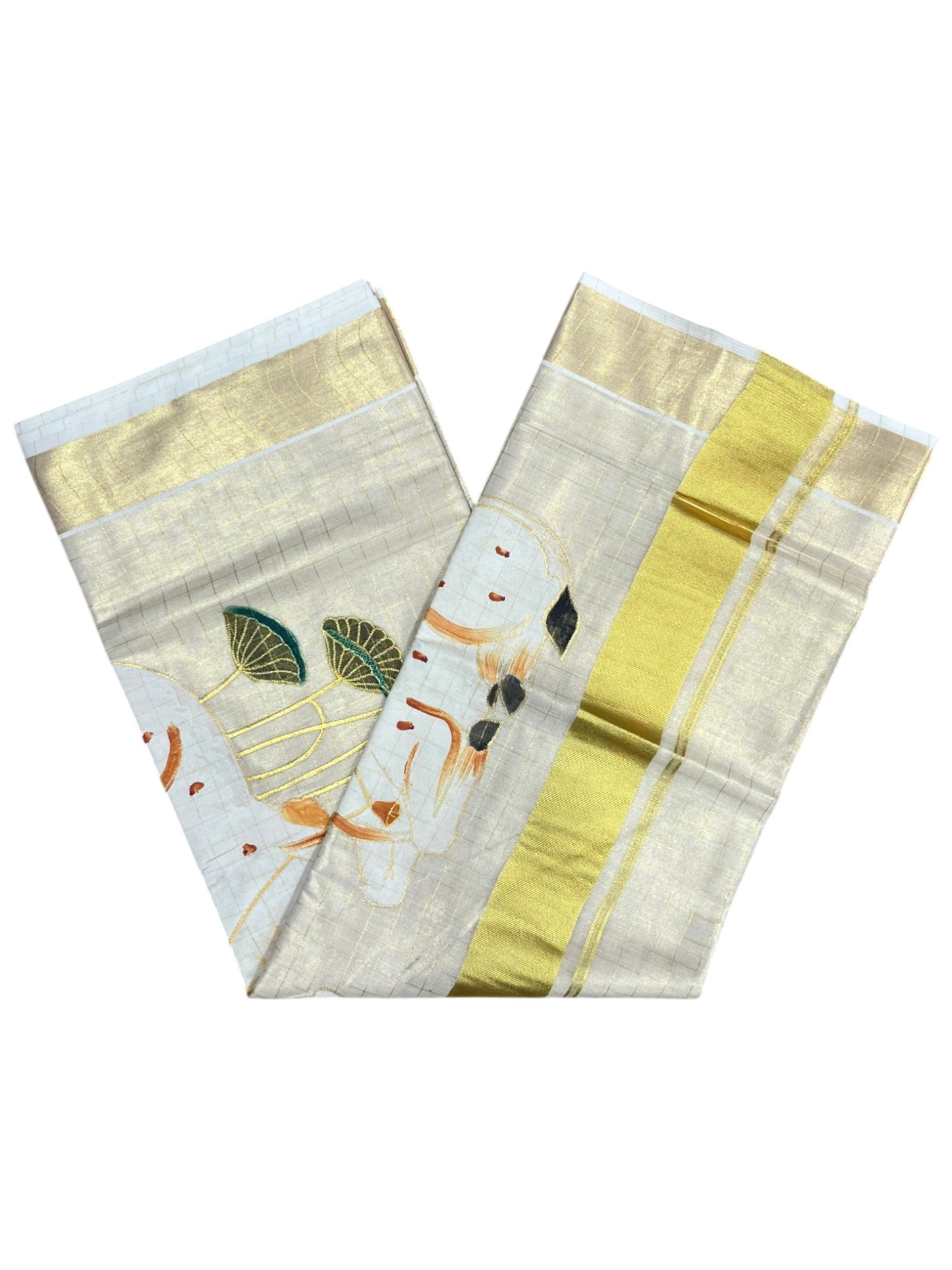 Southloom Tissue Kerala Kasavu Saree with Check Hand Painted Embroidery Nandi and Lotus Design