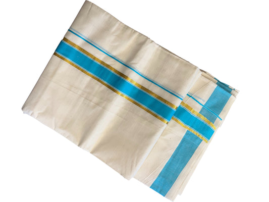 Southloom Pure Cotton Mundu with Gold Kasavu and Blue Colour Border (South Indian Kerala Dhoti)