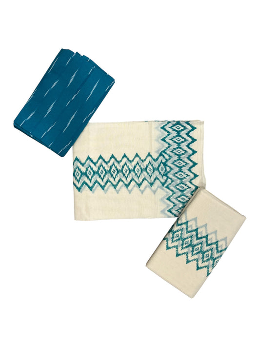 Southloom Ikat Design Green Printed Set Mundu with Blouse Piece 2.80Mtrs