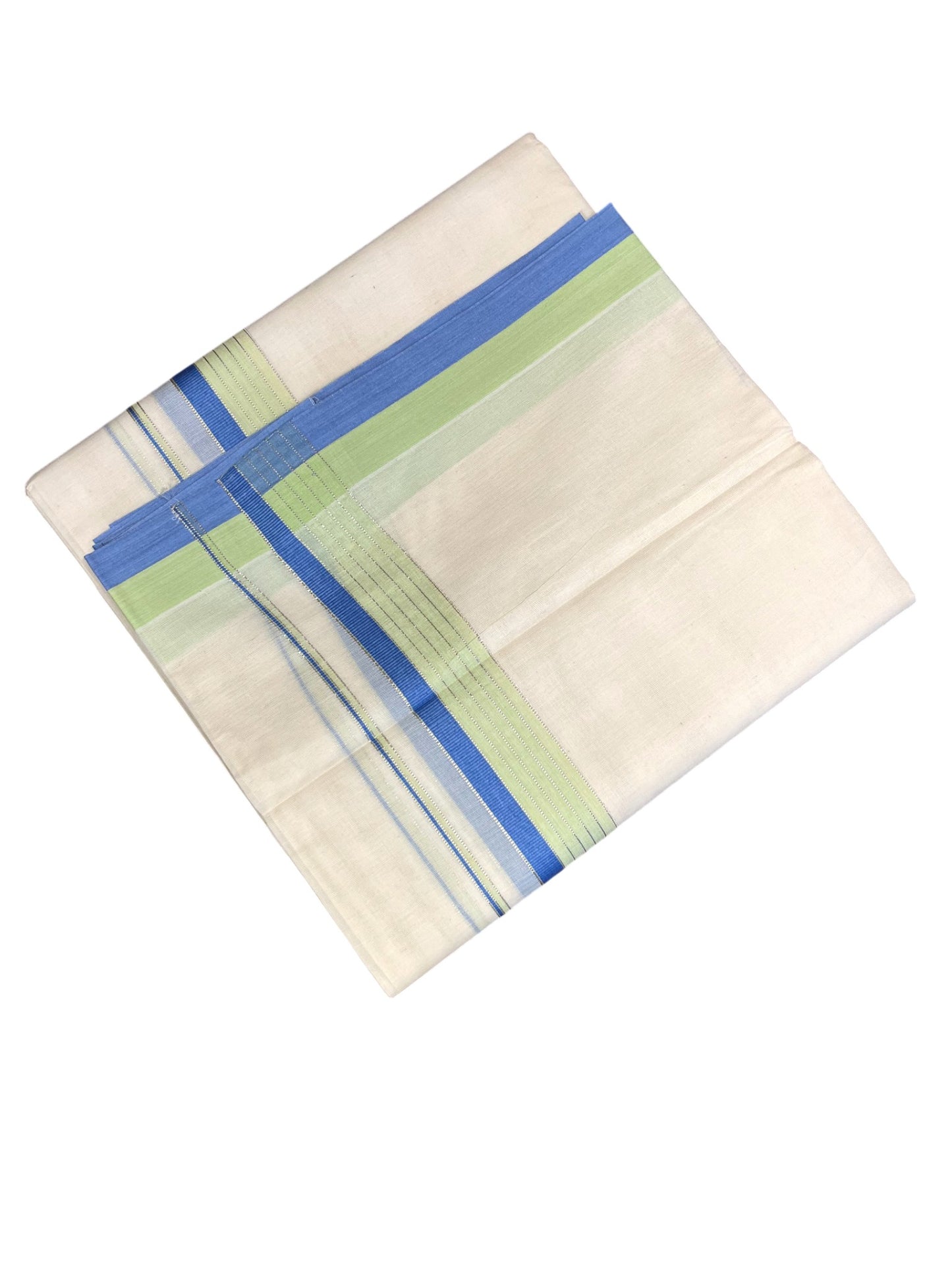 Southloom Kerala Pure Cotton Double Mundu with Green & Blue Border (South Indian Dhoti)