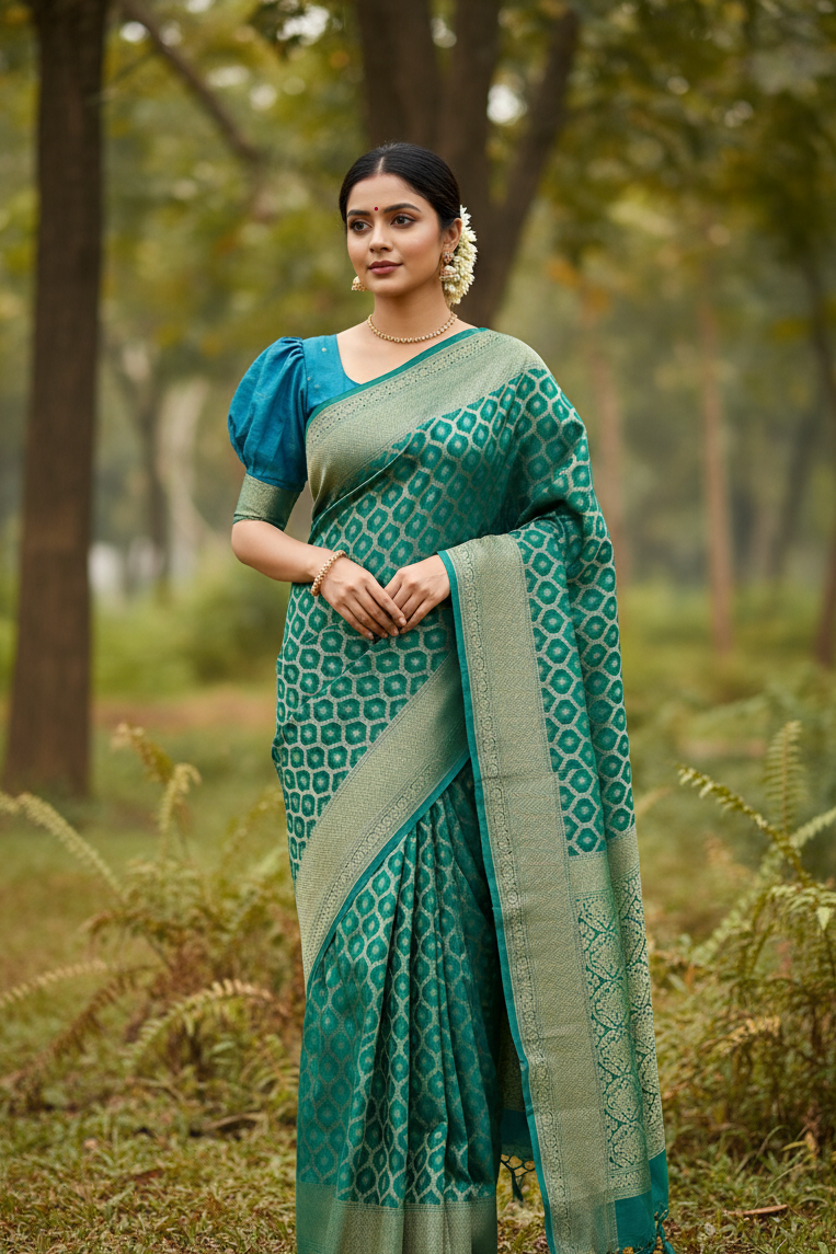 Southloom Cotton Banarasi Silk Saree with Woven Work on Body and Borders (Blue & Green)