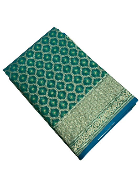 Southloom Cotton Banarasi Silk Saree with Woven Work on Body and Borders (Blue & Green)