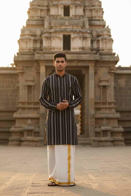 Southloom Black Woven Patterns Semi Silk Short Kurta for Men