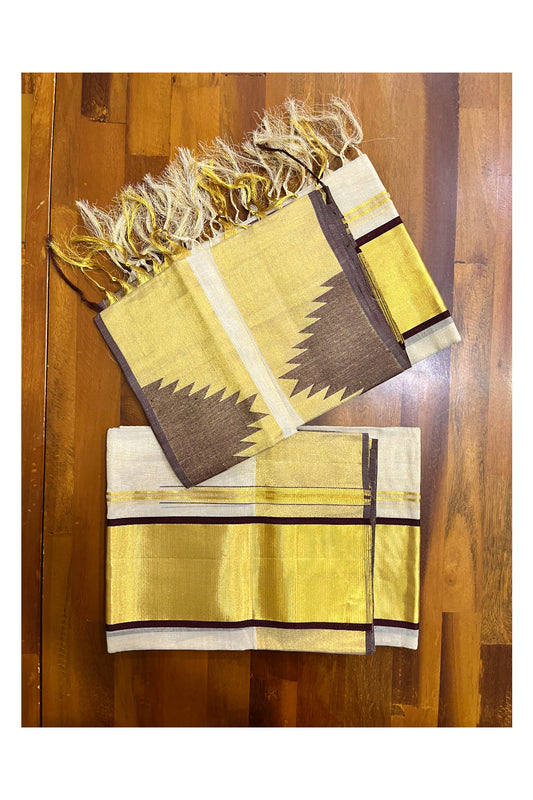 Southloom Handloom Premium Tissue Kasavu Set Mundu With Brown Big Temple Woven Patterns (Mundum Neriyathum) 2.70 Mtrs