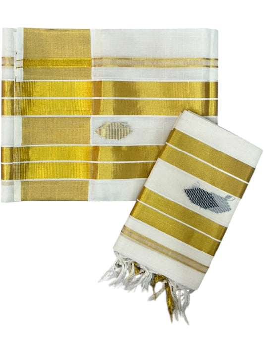 Southloom Premium Cotton Handloom Set Mundu with Kasavu With Green And Golden Border (2.80 Mtr) SL617