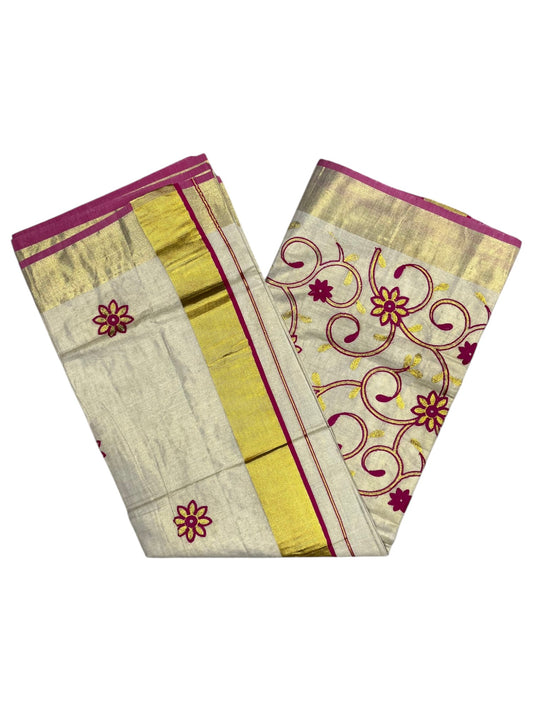 Southloom Kerala Tissue Kasavu Saree With Magenta and Golden Floral Embroidery Works