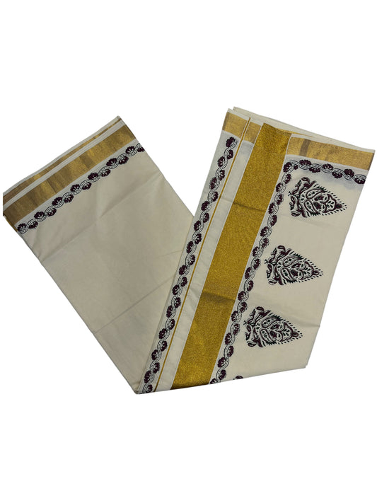 Southloom Cotton Kerala Kasavu Saree with Purpule and Green Block Prints On Border