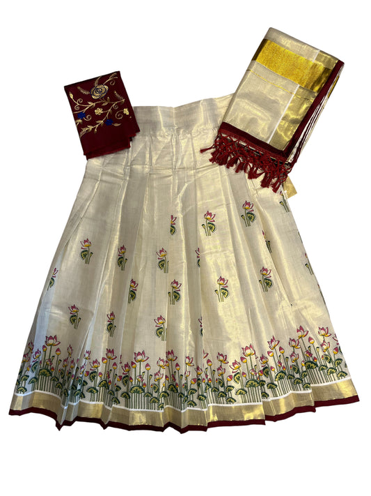 Southloom Semi Stitched Tissue Printed Dhavani Set with Pavada and Maroon Blouse Piece