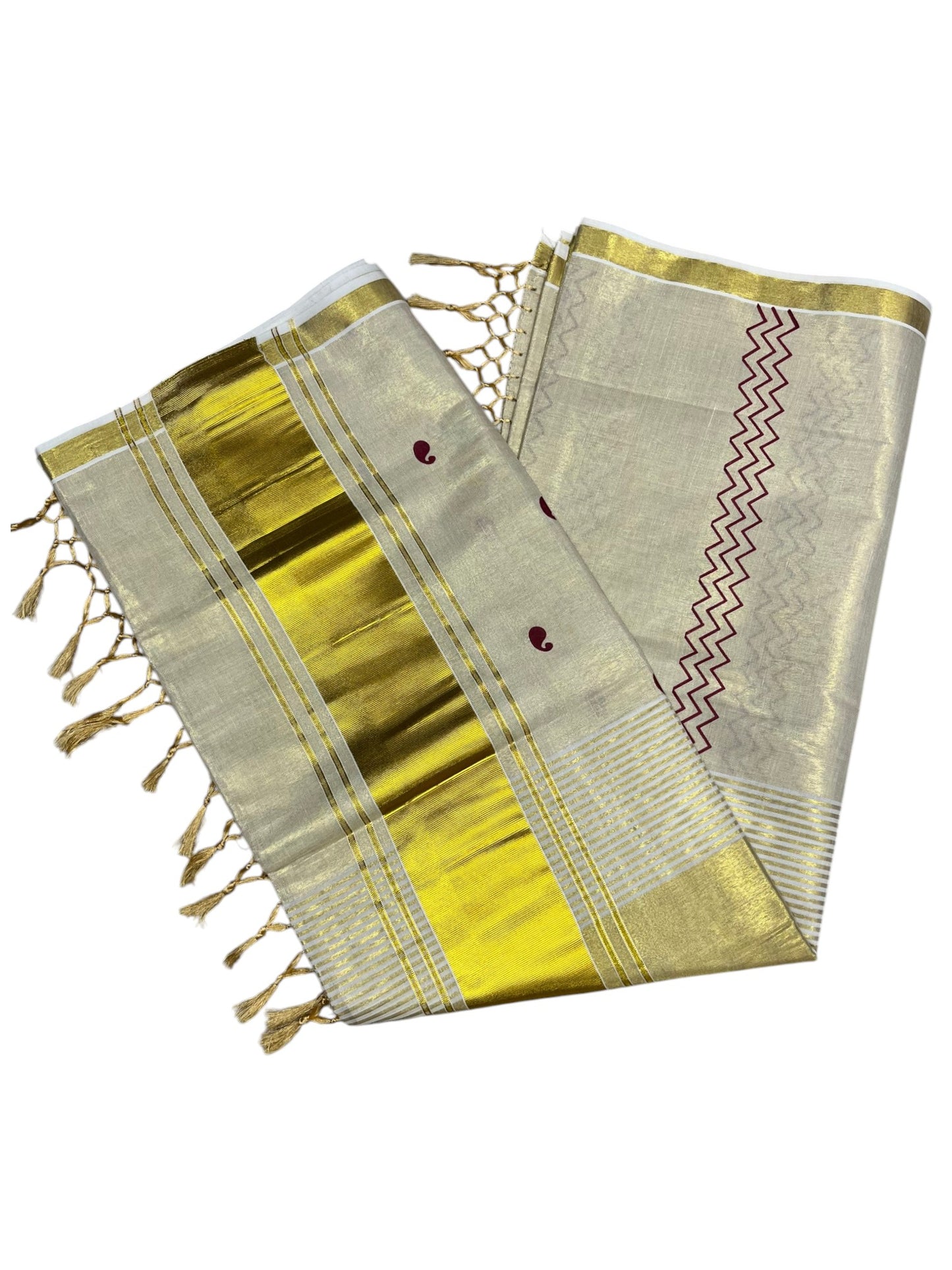 Southloom Kerala Tissue Kasavu Saree Maroon Hand Printed