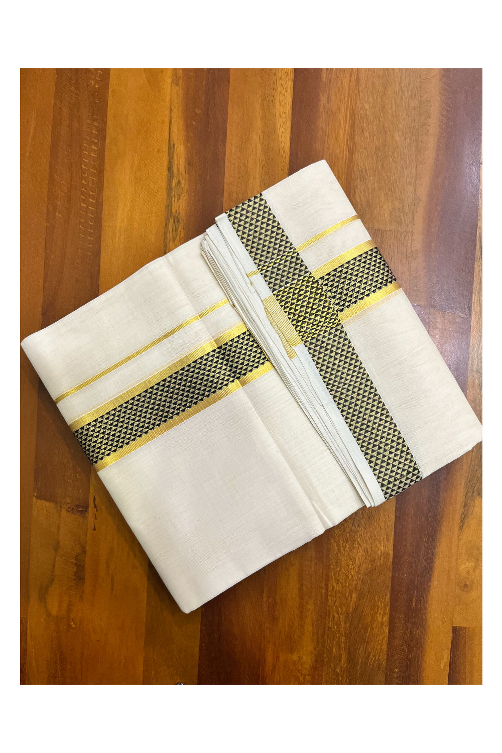 Premium Balaramapuram Handloom Unakkupaavu Cotton Double Mundu with Kasavu and Black Design Border (Vishu 2024 Collection)