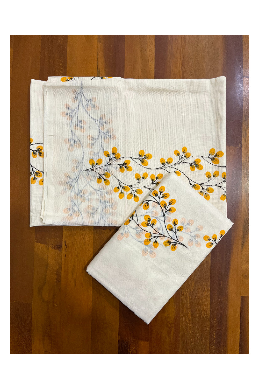 Southloom Set Mundu with Yellow Floral Block Print without Kara (Onam 2024 Collection)