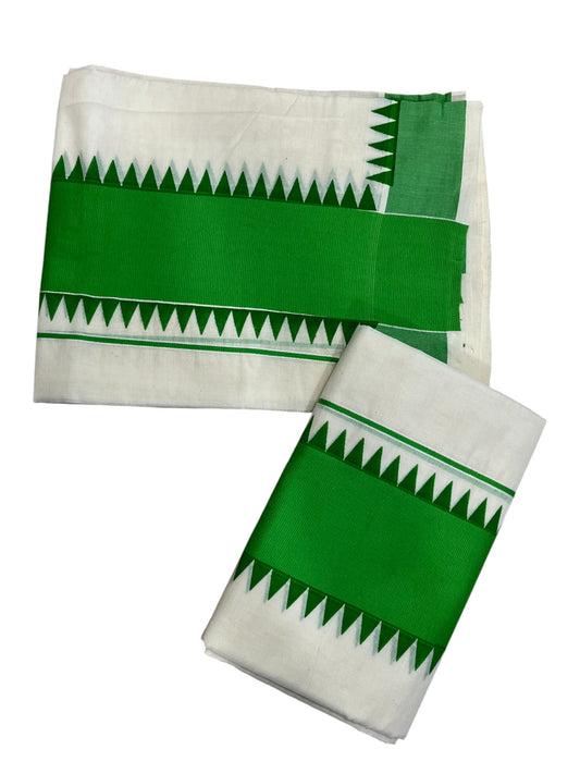 Kerala Pure Cotton Set Mundu Single (Mundum Neriyathum) with GreenTemple Border 2.80 Mtrs