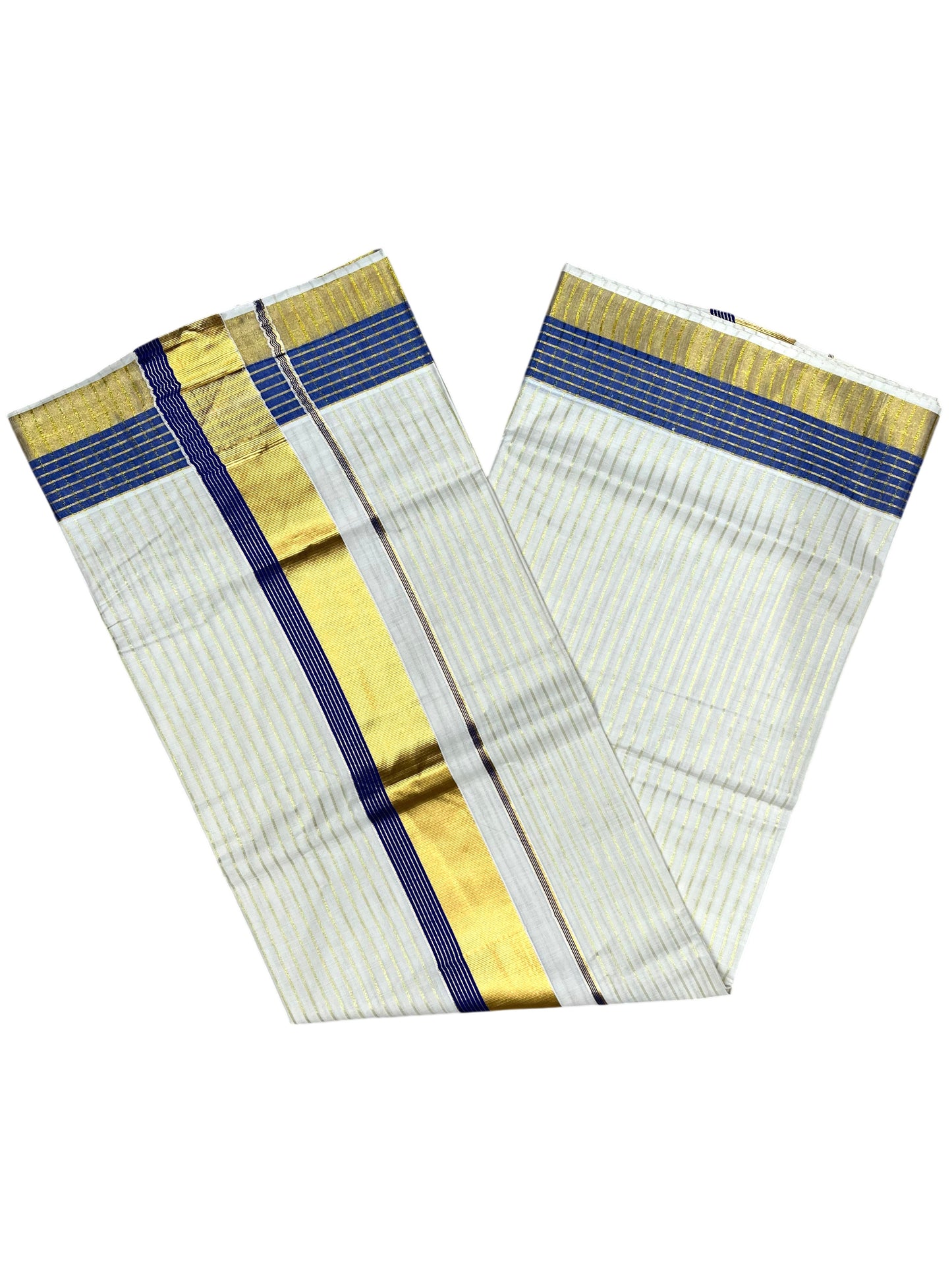 Southloom Pure Cotton Kerala Kasavu Lines Design Saree with Blue Border