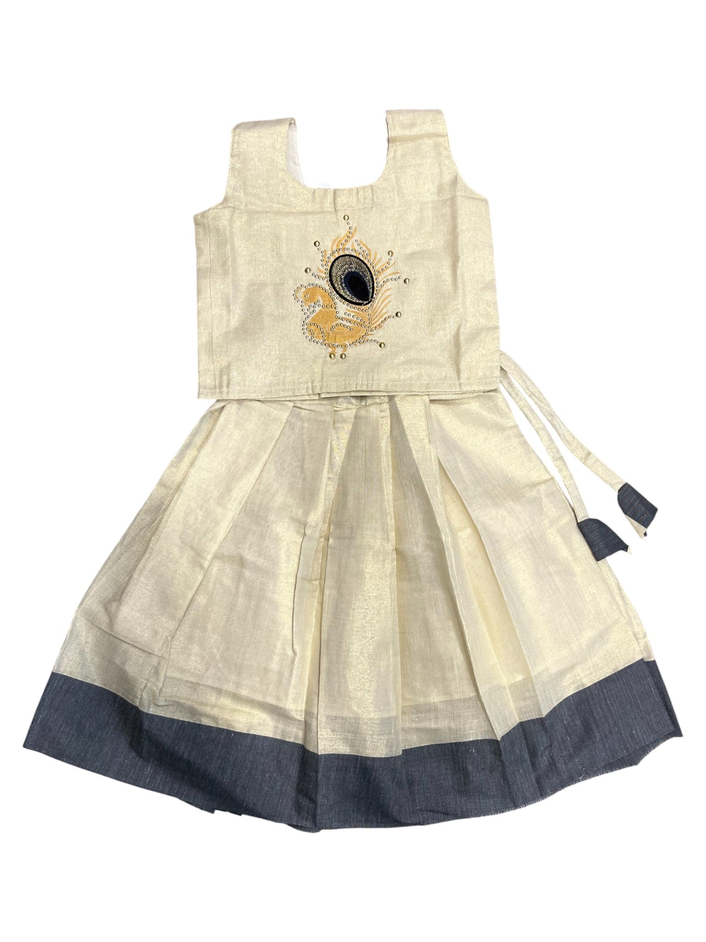 Southloom Kerala Tissue Kasavu Pavada Blouse with Embroidery Work for Kids