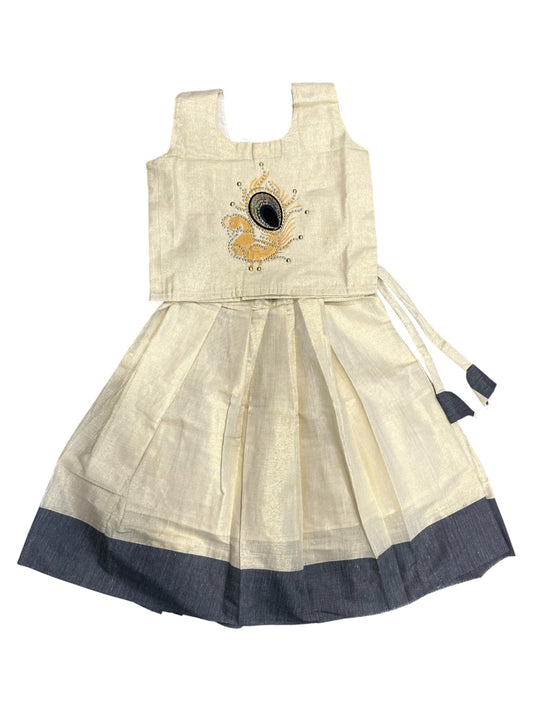 Southloom Kerala Tissue Kasavu Pavada Blouse with Embroidery Work for Kids