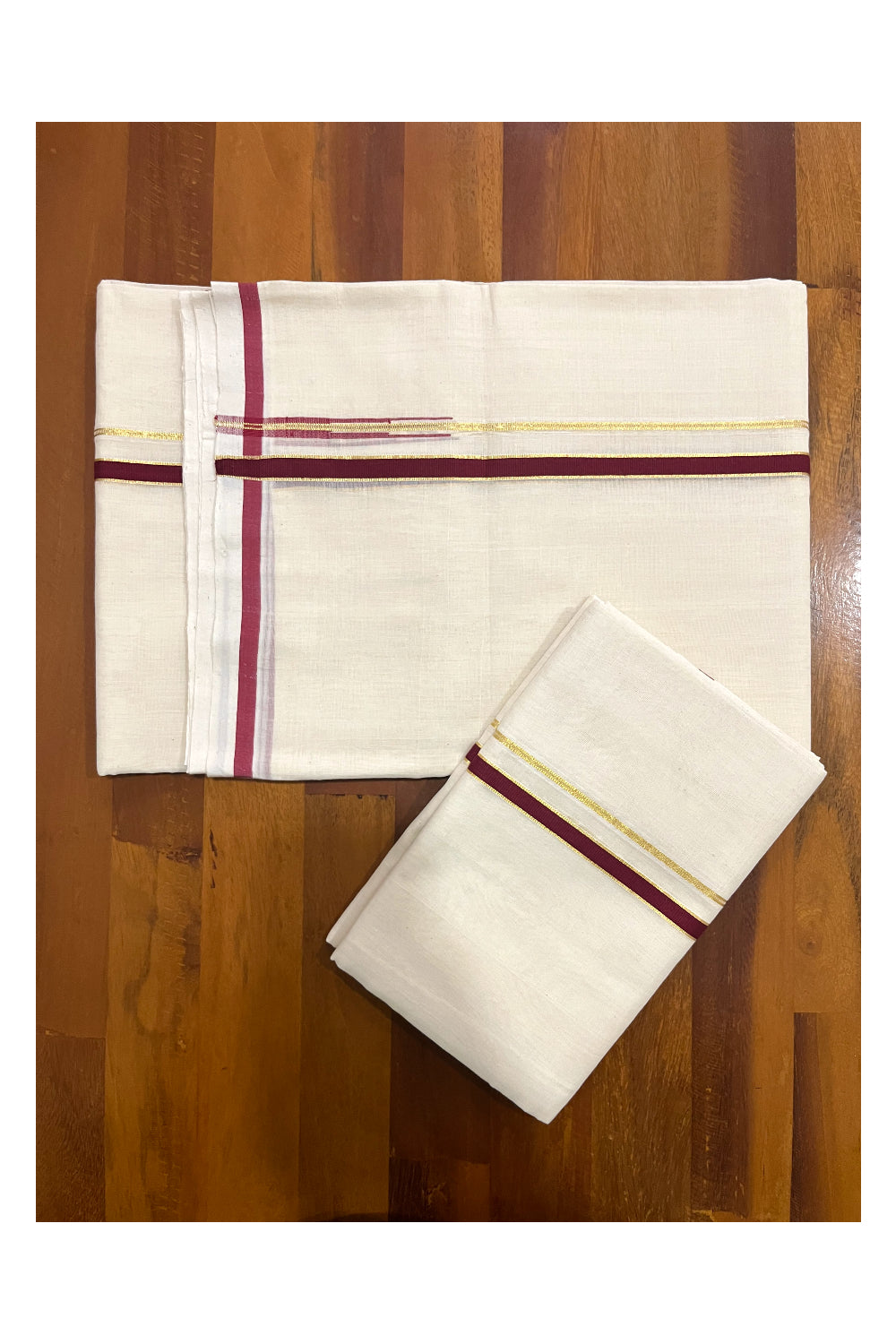 Southloom Premium Handloom Double Set Mundu (Mundum Neriyathum) with Maroon Puliyilakkara Kasavu Chutti Border