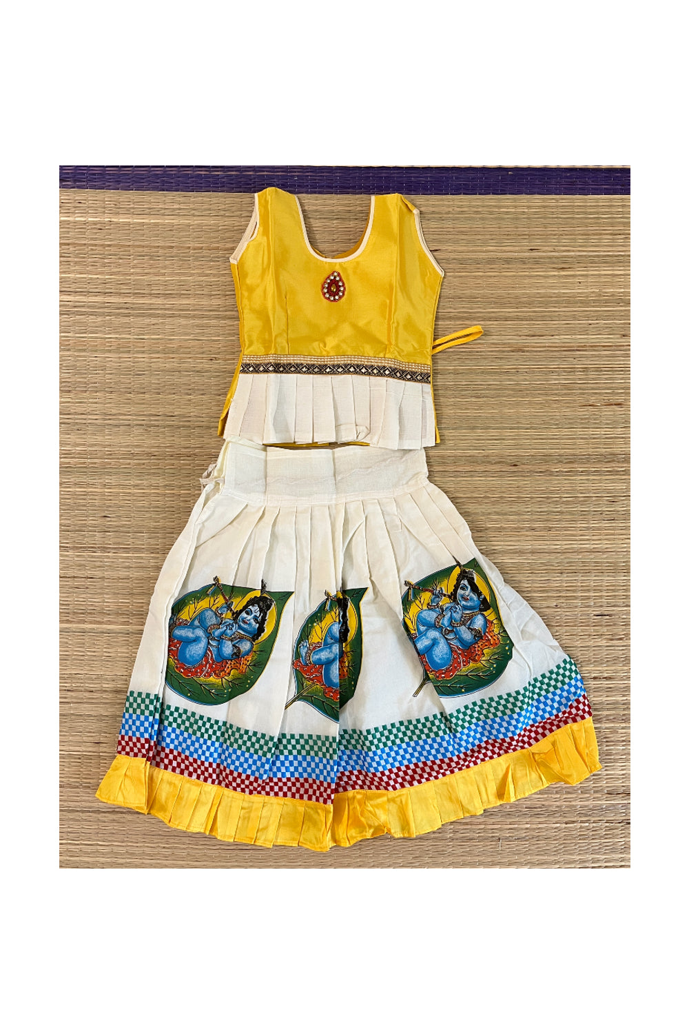 Southloom Kerala Cotton Pavada Blouse with Yellow and Mural Prints Designs for Kids (1 Year)