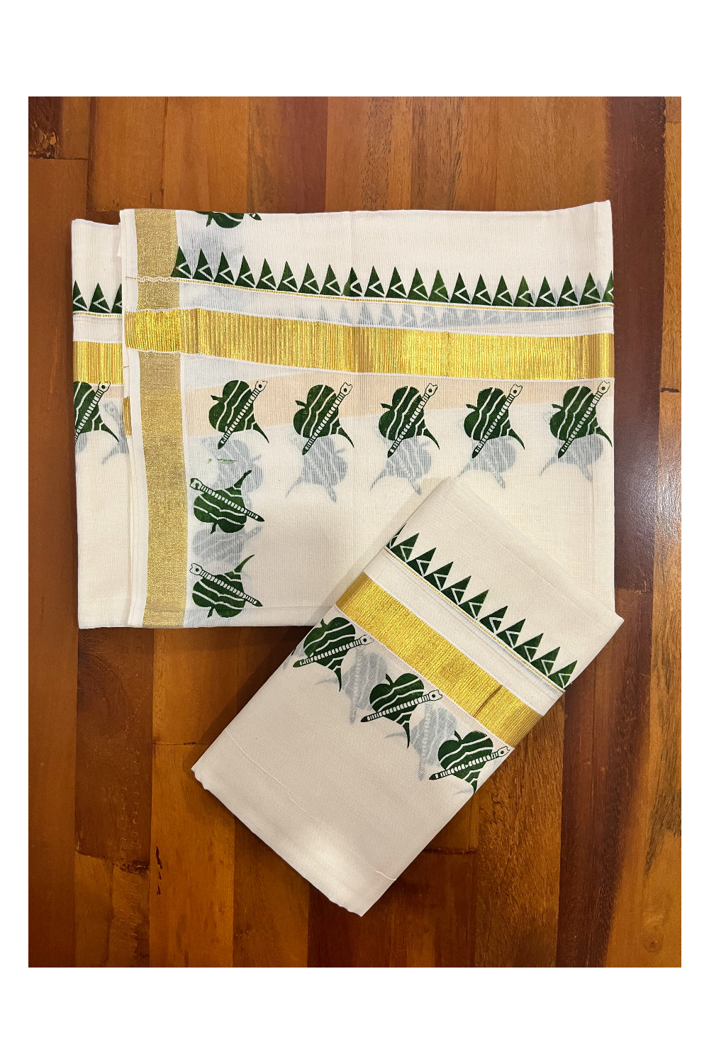 Kerala Pure Cotton Kasavu Set Mundu Single (Mundum Neriyathum) with Olive Green Block Prints and Temple Border 2.80 Mtrs