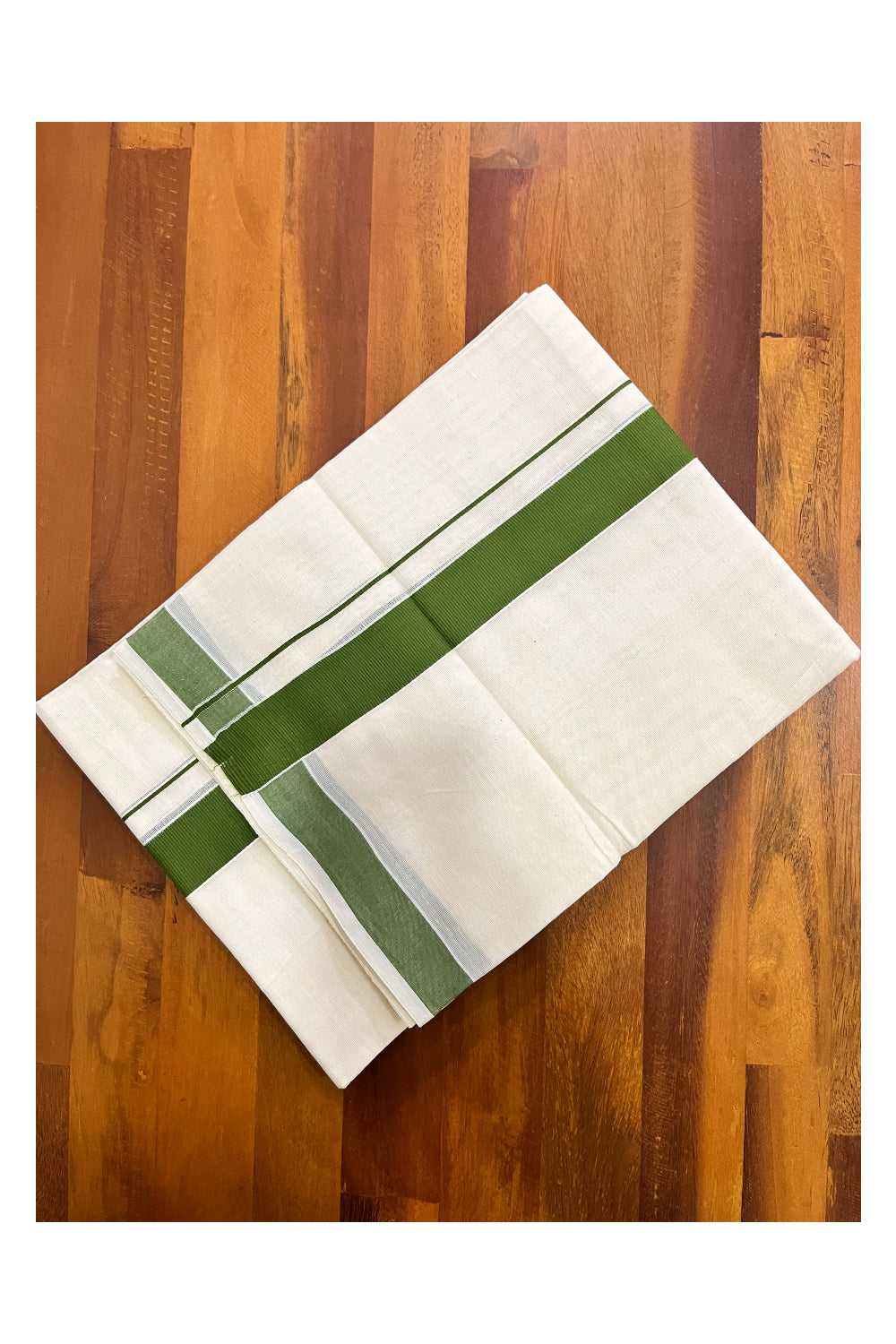 Kerala Pure Cotton Double Mundu with Olive Green Border