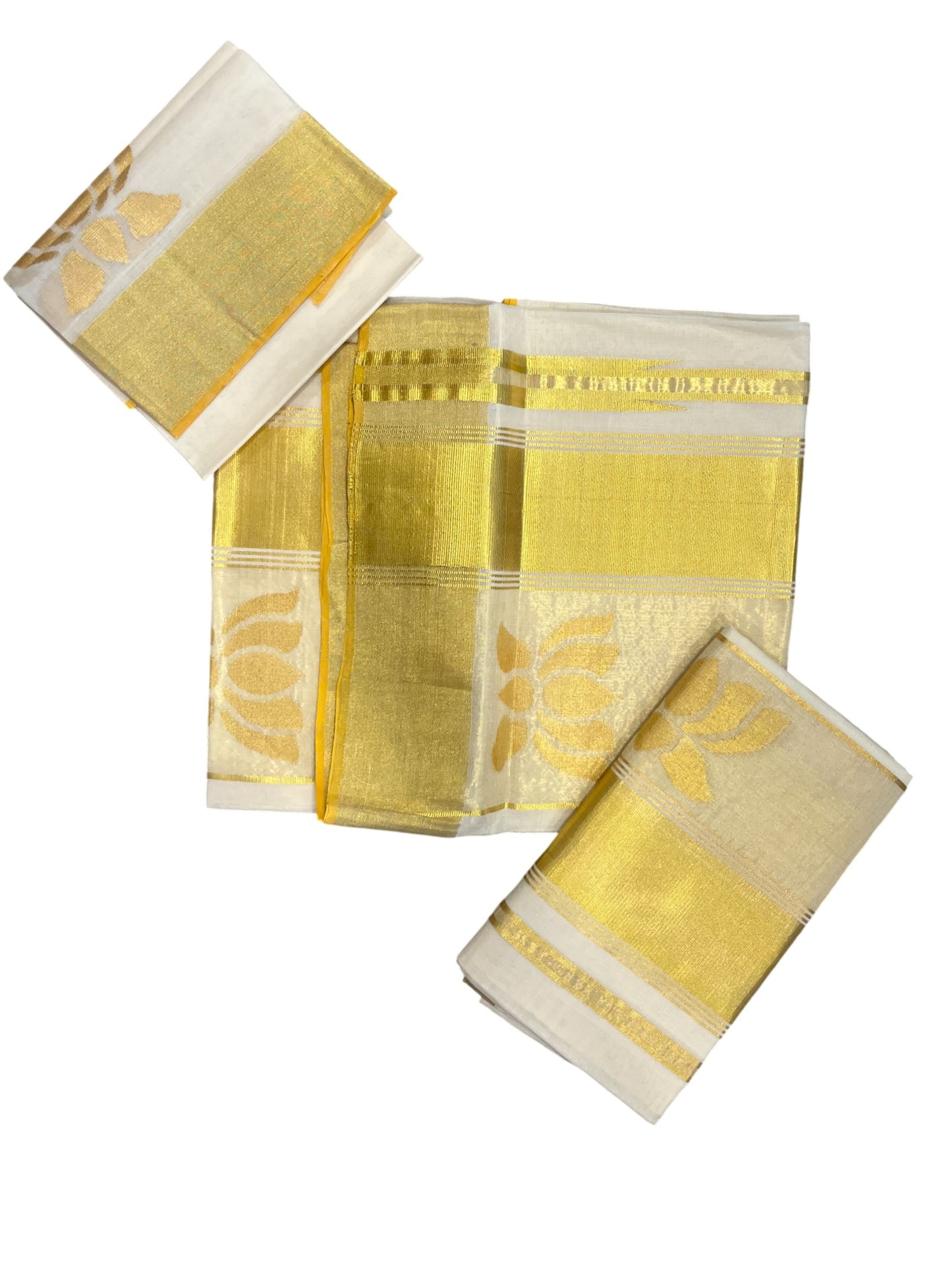 Southloom Super Premium Balaramapuram Handloom Pure Cotton Unakkupaavu Lotus Design Wedding Pudava Set Mundu