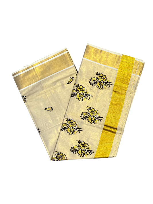 Southloom Tissue Kerala Kasavu Saree with Black & Golden Embroidery Works