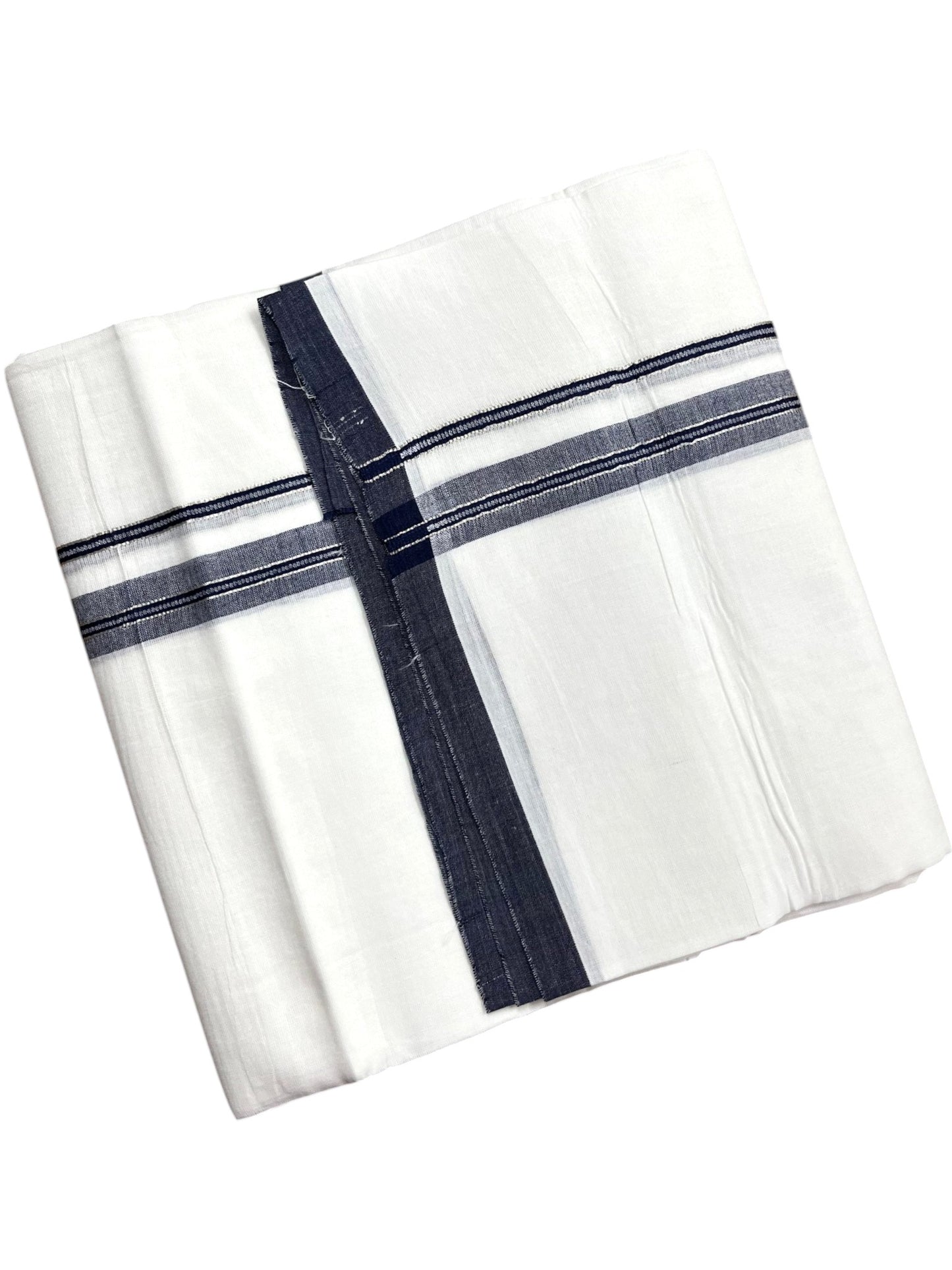 Southloom Pure White Cotton Mundu with Blue & Silver Line Border (South Indian Kerala Dhoti)