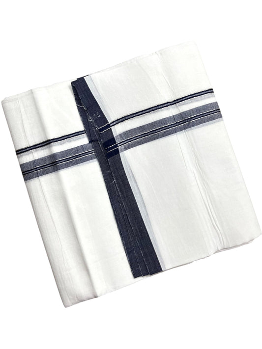Southloom Pure White Cotton Mundu with Blue & Silver Line Border (South Indian Kerala Dhoti)