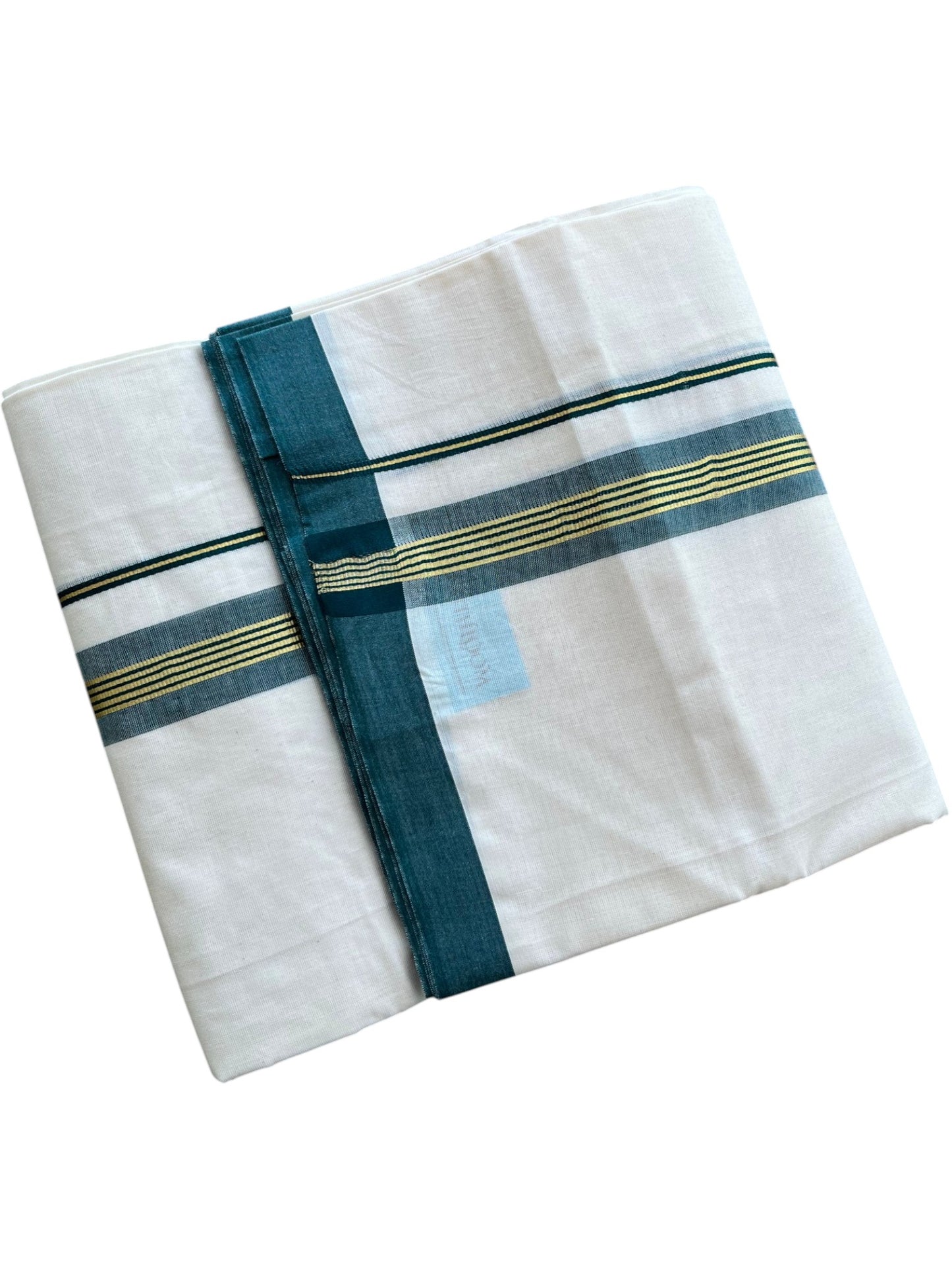 Southloom Pure Cotton Mundu with Golden Lines and Green Border (South Indian Kerala Dhoti)