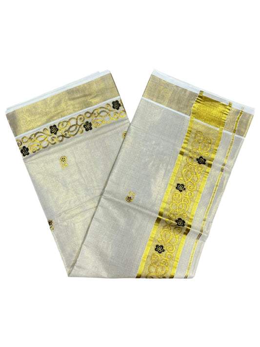 Southloom Kerala Tissue Kasavu Saree with Golden and Black  Embroidery Work on Body