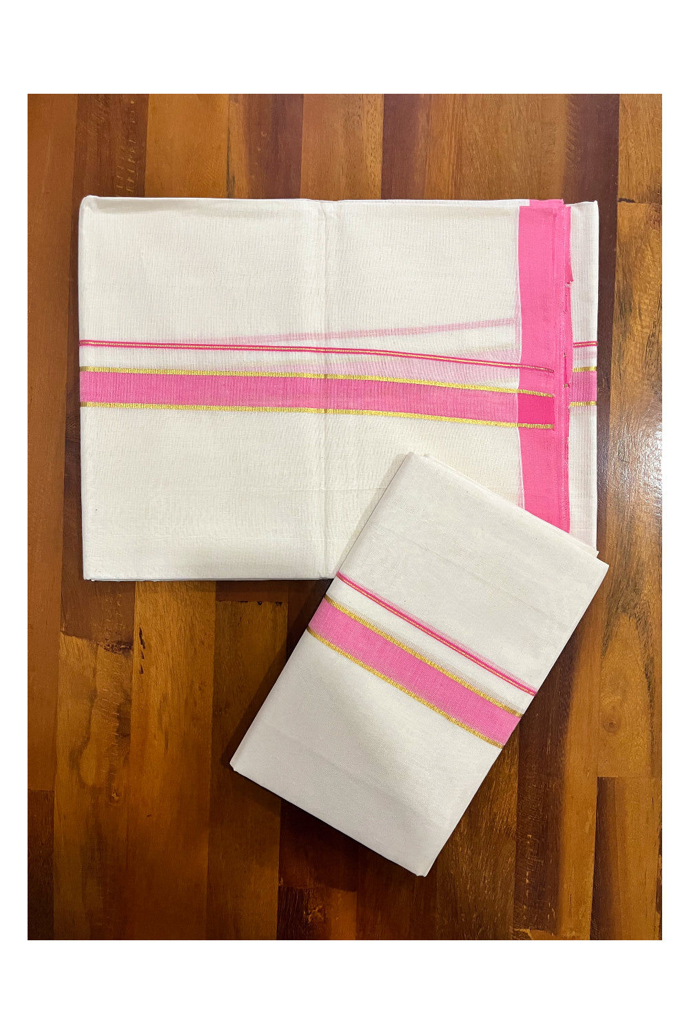 Kerala Pure Cotton Set Mundu Single (Mundum Neriyathum) with Pink and Kasavu Border