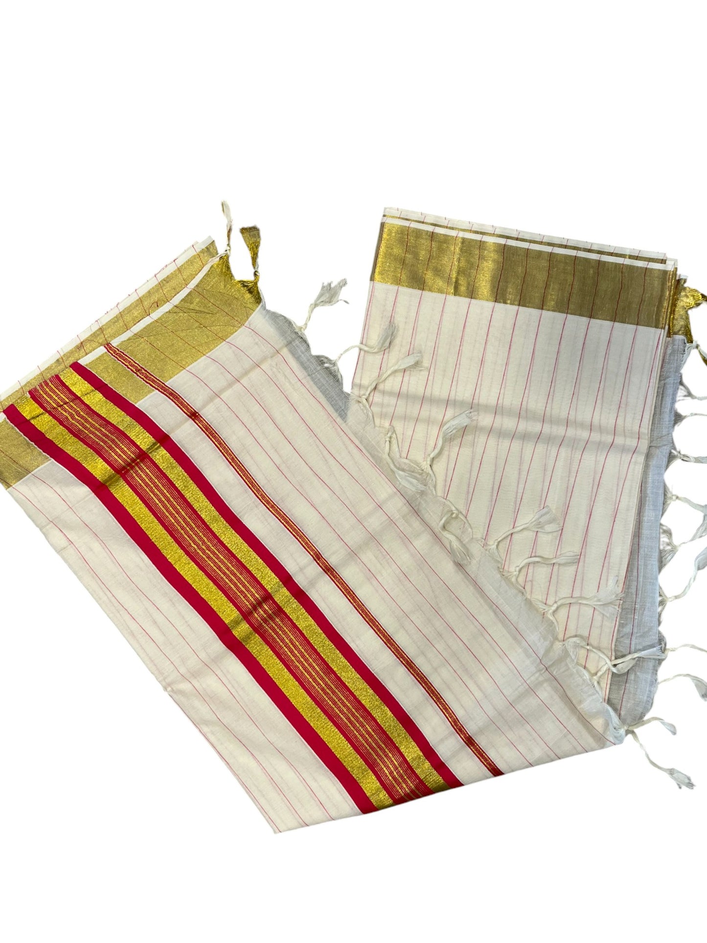 Southloom Kerala Cotton Kasavu Saree with Gold And Pink Lines on Body