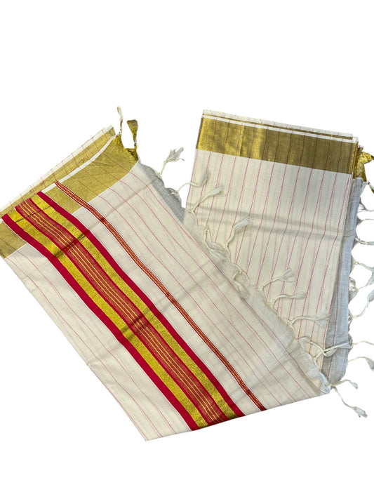 Southloom Kerala Cotton Kasavu Saree with Gold And Pink Lines on Body