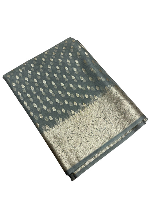 Southloom Cotton Banarasi Silk Saree with Woven Work on Body and Borders (Grey)