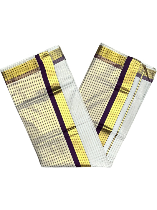 Southloom Kerala Pure Cotton Saree with Stripes on Body and Borders in  Purple SL334