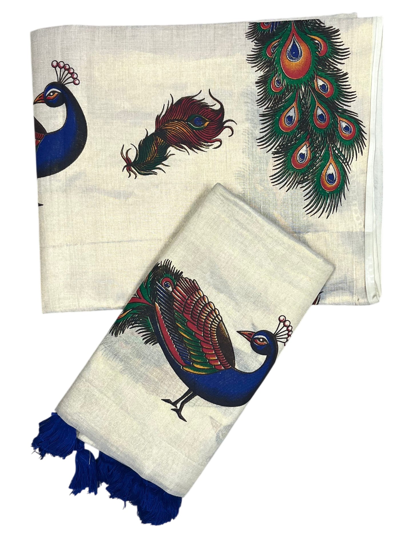 Southloom Tissue Single Set Mundu (Mundu Neriyathum) With Peacock Digital Print With Tussles in Blue 2.80 Mtrs )