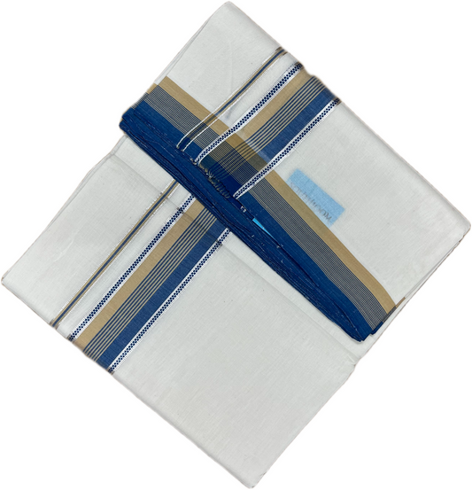 Southloom Balaramapuram Unakkupaavu Premium Handloom Cotton Double Mundu with Silver Kasavu and Blue and Beige Border