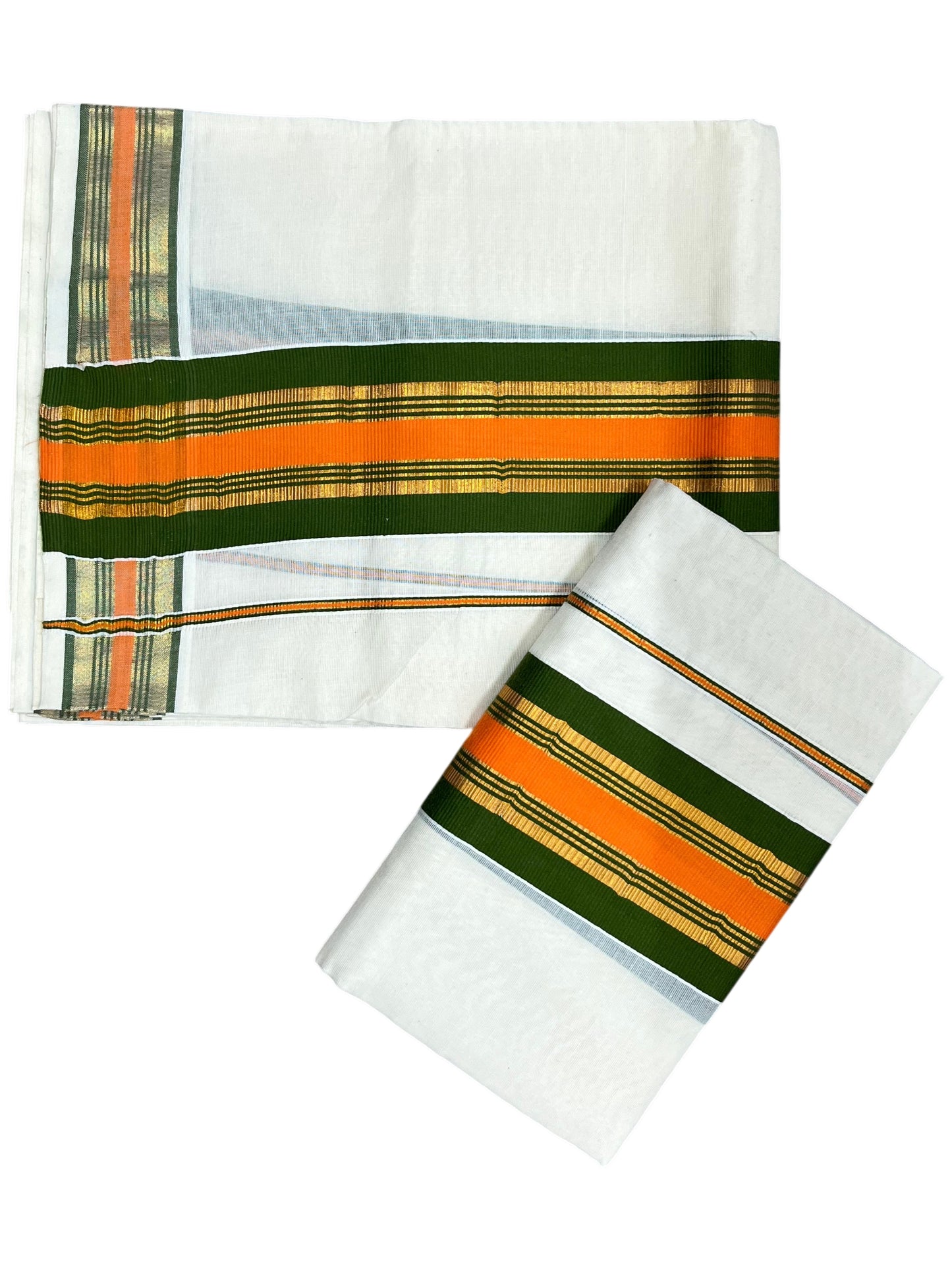 Southloom Kerala Cotton Kasavu Single Set Mundu (Mundum Neriyathum) with Green And orange Kasavu Border