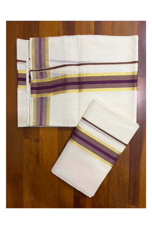 Kerala Cotton Set Mundu (Mundum Neriyathum) with Violet and Kasavu Border 2.80 Mtrs